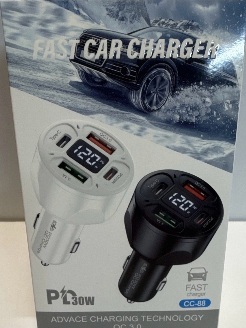 4-Port USB-A & C Car Charger QC 3.0 30W 12V LED Voltage Display Black